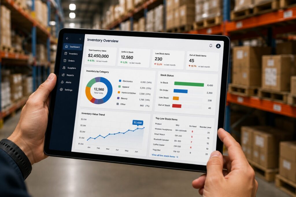 Warehouse worker checking an inventory analytics dashboard on a tablet showing stock levels, low-stock items, and inventory value trends
