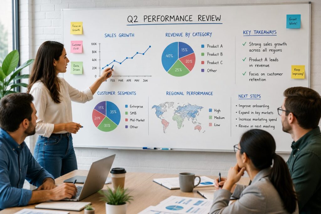 Team reviewing a Q2 performance whiteboard with sales growth, revenue by category, and customer segment data during a business meeting