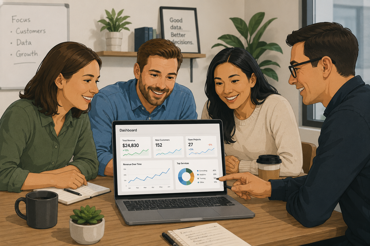 Small business team reviewing a simple data dashboard