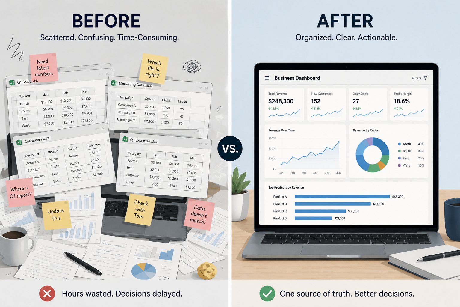 Messy scattered business data versus one organized dashboard