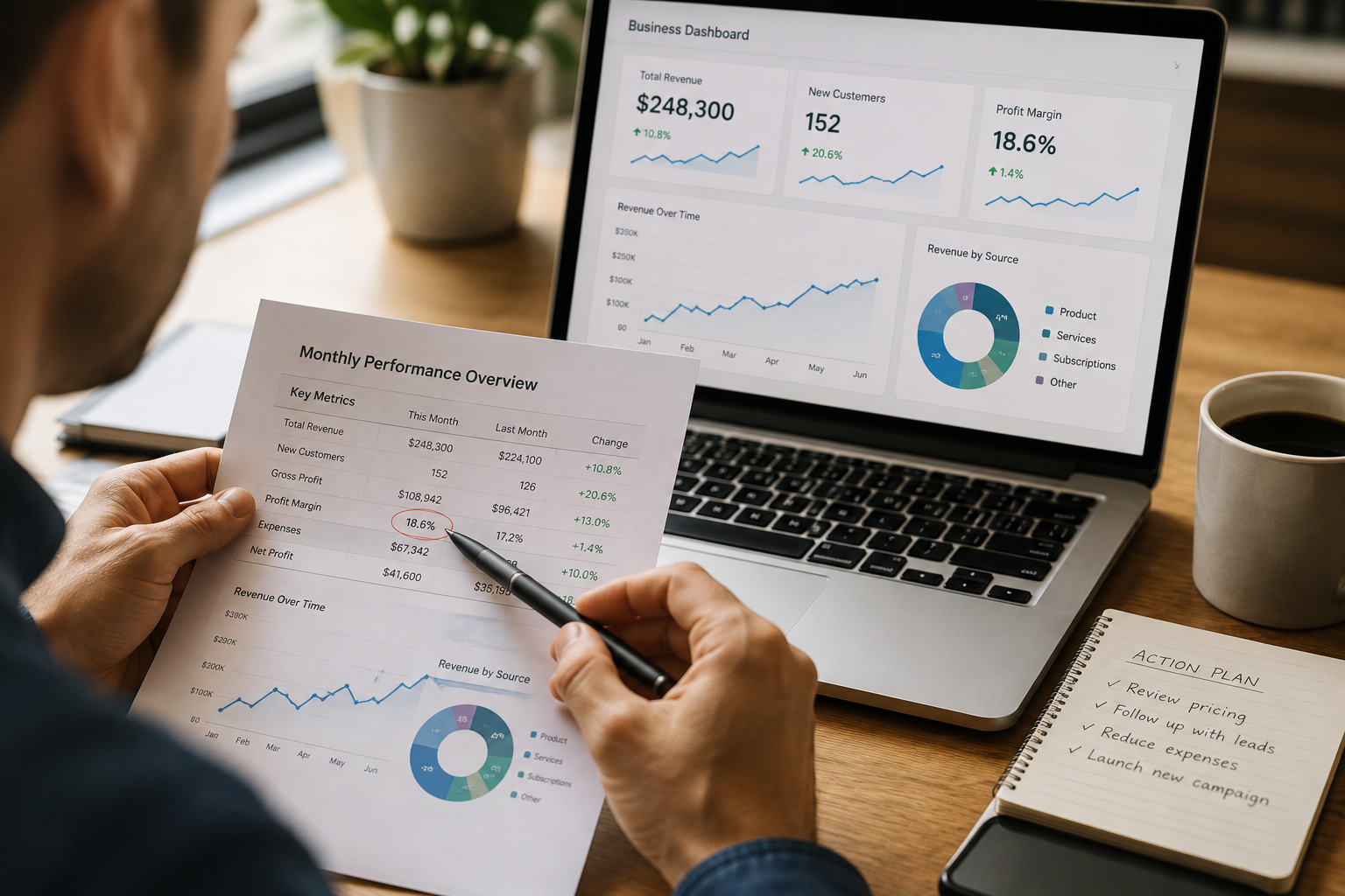 Business owner reviewing key metrics to make a decision